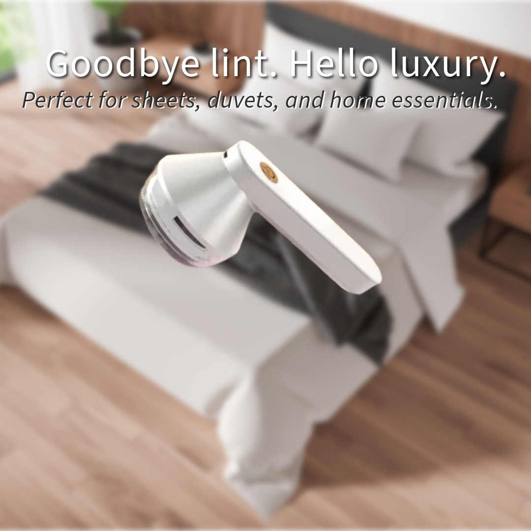 Relintlessly Fabric Shaver goodbye lint, with a luxury room background.