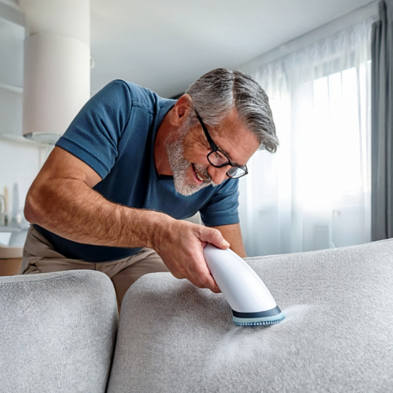Relintlessly™ rechargeable fabric shaver video removing lint and fuzz from linen pants, restoring fabric to a smooth, new look.