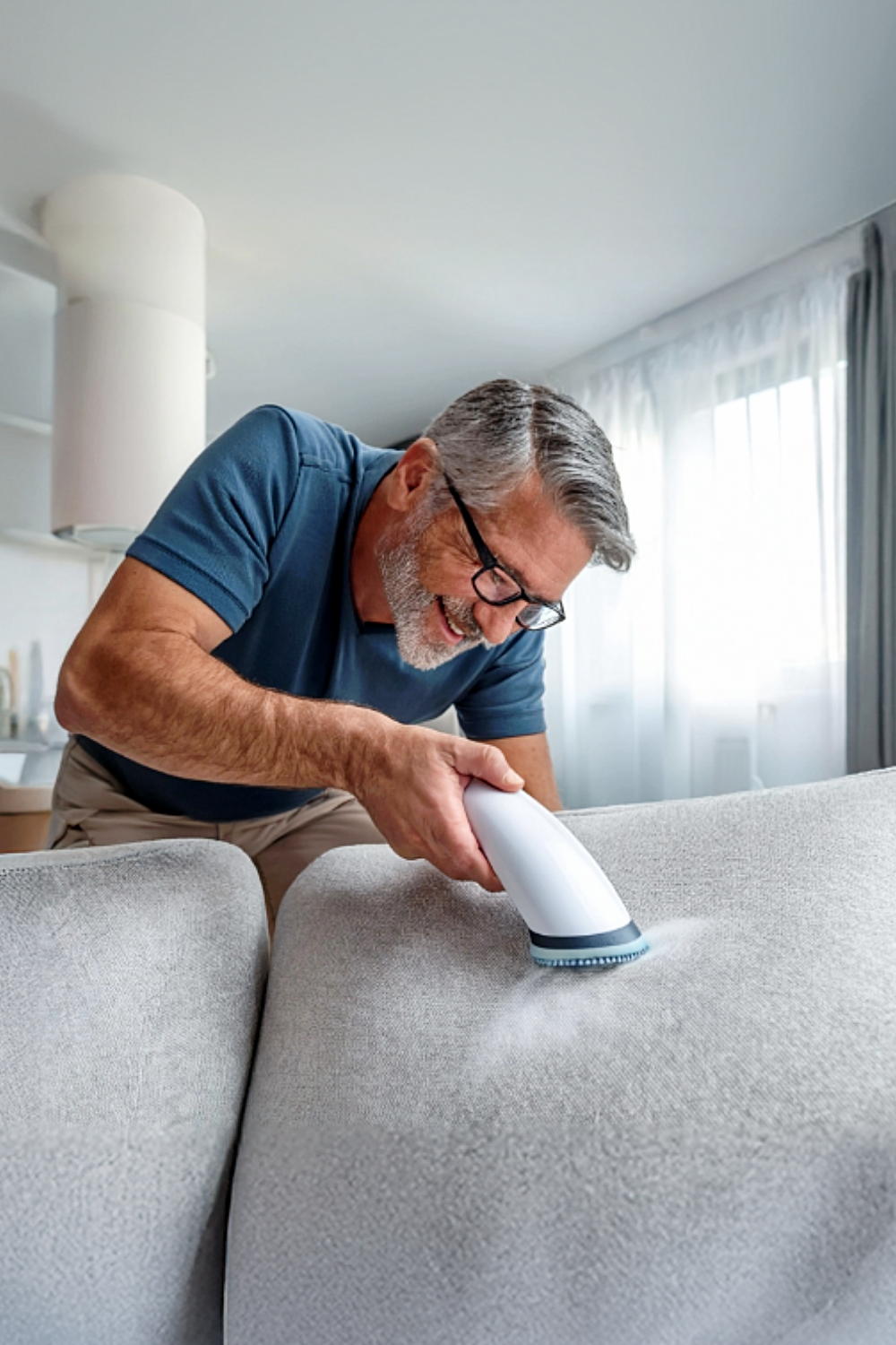 Relintlessly™ rechargeable fabric shaver video removing lint and fuzz from linen pants, restoring fabric to a smooth, new look.